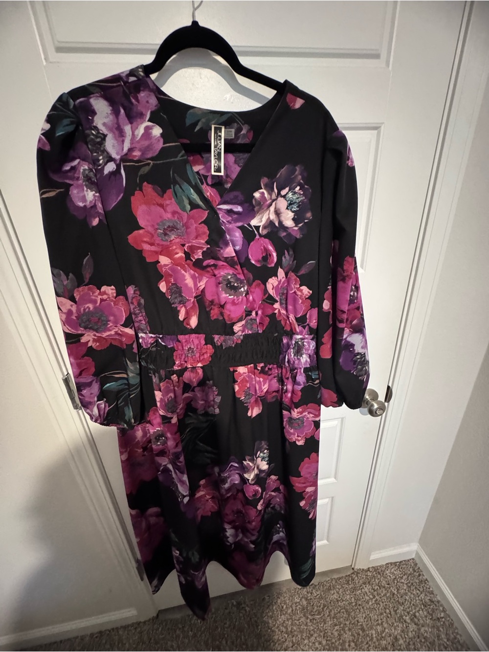 Julian Taylor Black Midi Dress with Pink Floral Print